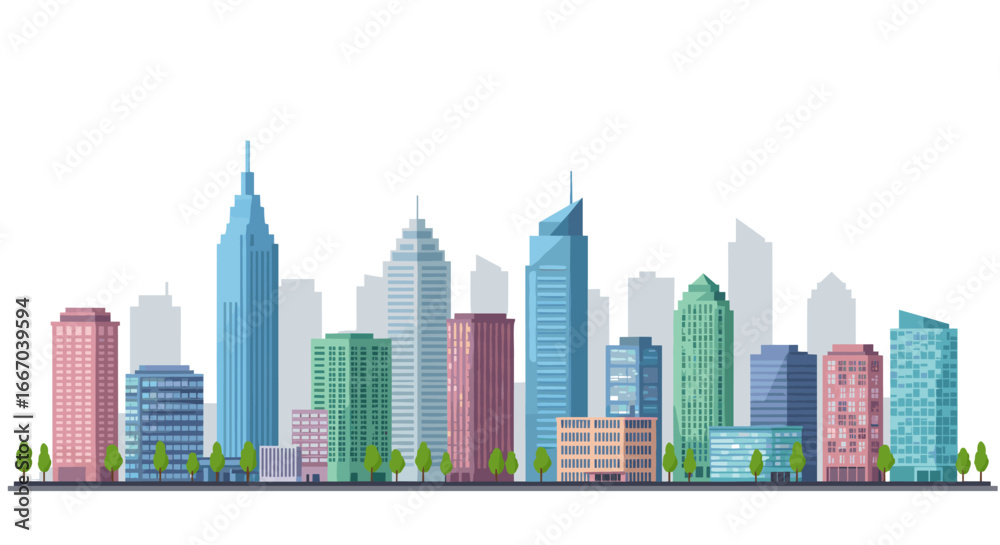 Fototapeta premium Modern urban skyline with colorful buildings and trees