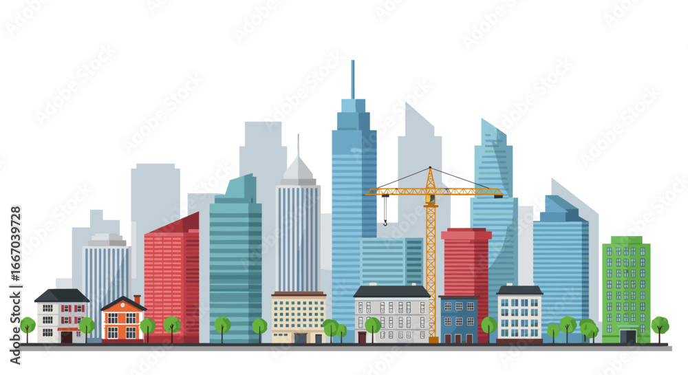 Obraz premium Modern city skyline with skyscrapers and cranes in flat style