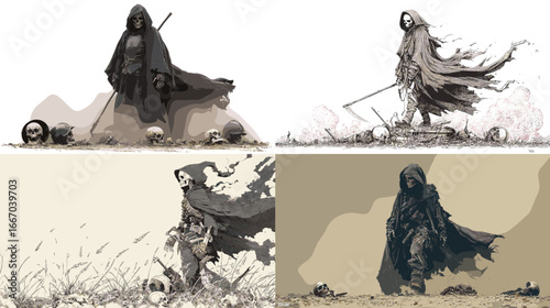 Fantasy illustration of a cloaked wanderer with a staff in a desolate landscape, creating a dramatic and mysterious dark fantasy atmosphere.