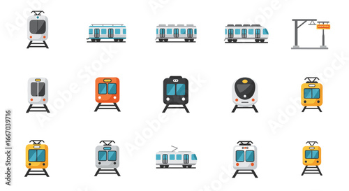 Flat design icons of trains and trams with various front and side views