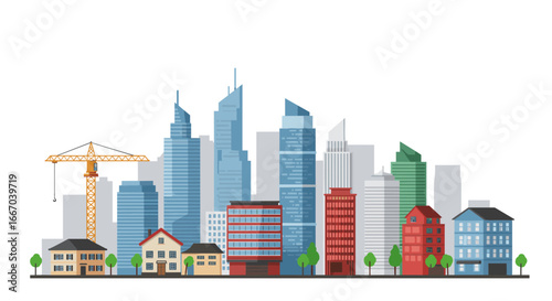 Modern urban skyline with construction crane and colorful buildings
