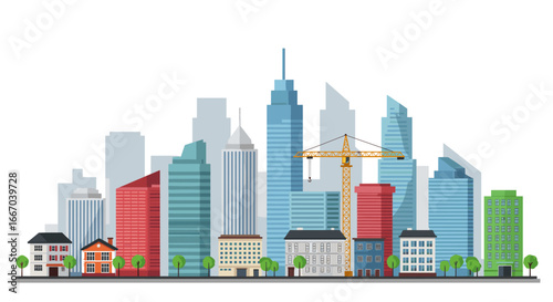 Modern city skyline with skyscrapers and cranes in flat style
