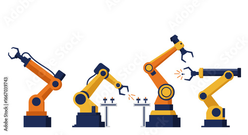 Colorful flat style robotic arms for industrial automation and robotics