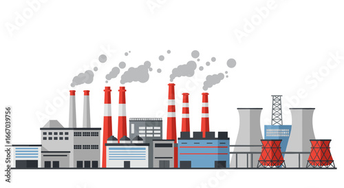 Industrial plant with chimneys and cooling towers emitting smoke in flat design