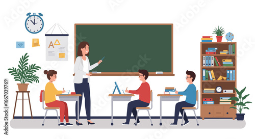 Classroom scene with teacher and students engaged in learning activities