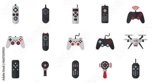 Variety of remote controllers and gamepads on a clean white background