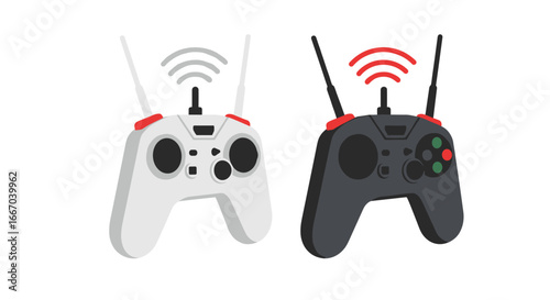 Modern wireless game controllers with antennas and signal indicators