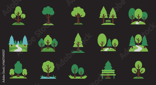 Flat nature icons set featuring trees and forest landscapes in minimalist style