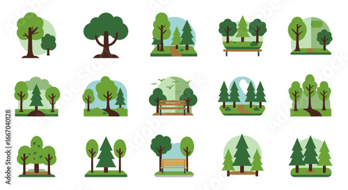 Flat nature icons: tree and forest scenes with playful greenery