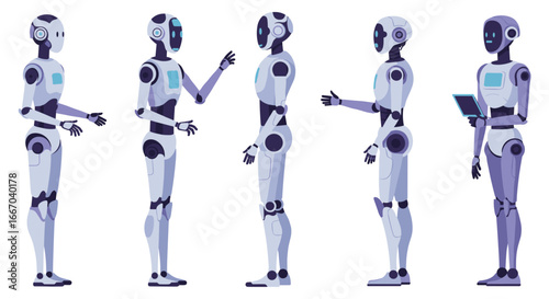 Futuristic robot designs engaging in communication and interaction