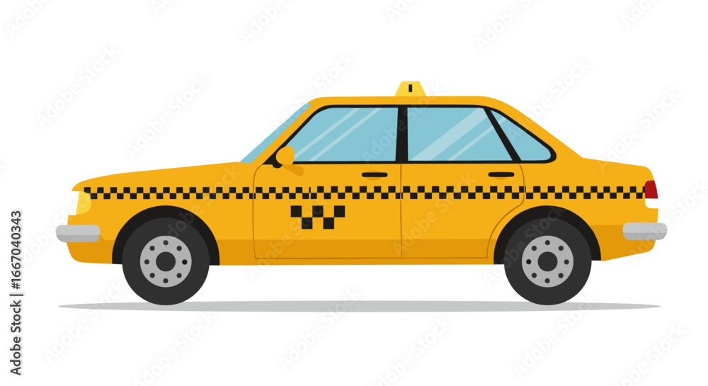 Fototapeta premium Flat yellow taxi cab design with classic checkered pattern side view