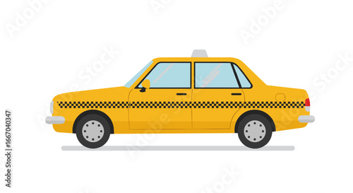 Yellow taxi car with black checker pattern in flat design