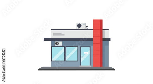 Modern flat design urban storefront with red chimney and large windows