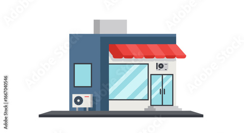 Modern small shop with red awning and air conditioning units