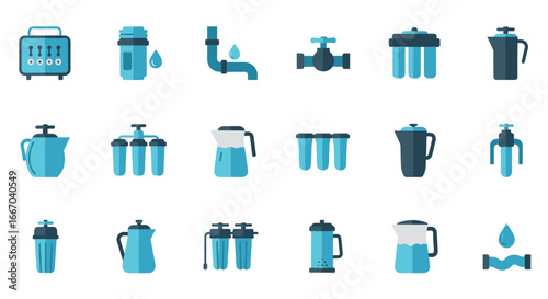 Modern flat icons of water filters, kitchen appliances, and plumbing elements