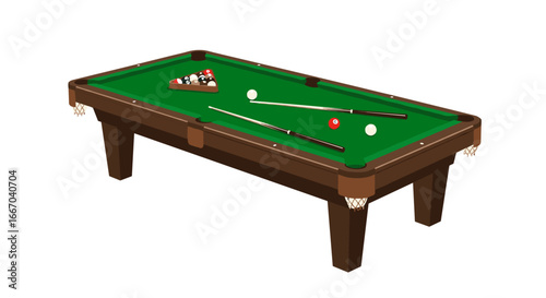 Classic billiard table with pool balls and cues on green felt surface