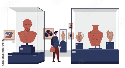 Modern art museum visit with ancient sculptures and vases display