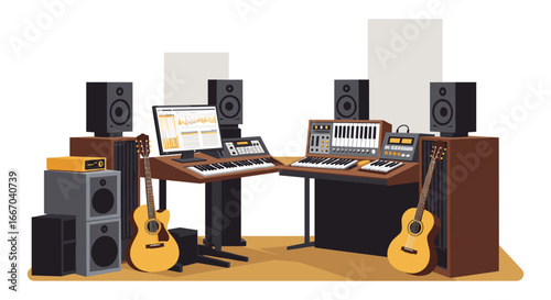 Music production studio setup with instruments and speakers for creative projects