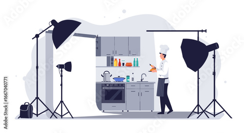 Professional chef cooking in modern kitchen studio with lighting equipment