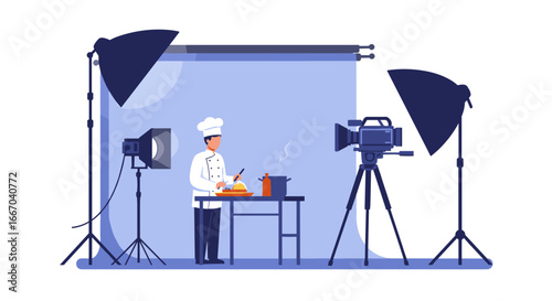 Chef preparing a meal in professional studio with camera and lighting setup
