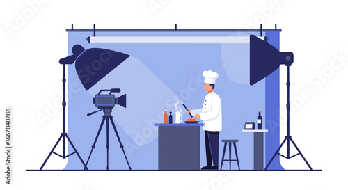 Chef filming cooking show in studio kitchen with professional equipment