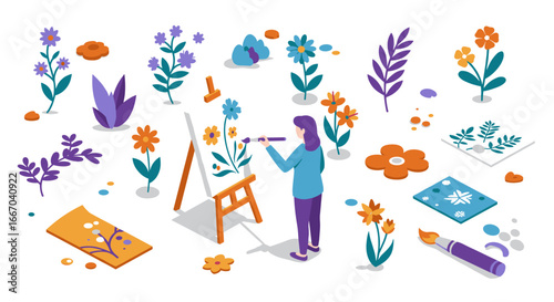 Isometric art scene with woman painting floral designs on easel