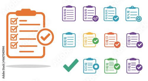 Colorful checklist icons with various styles and checkmarks for task completion