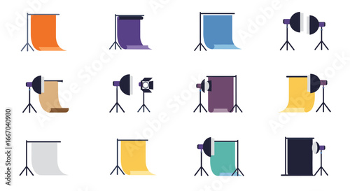 Diverse photography backdrops and lighting equipment collection