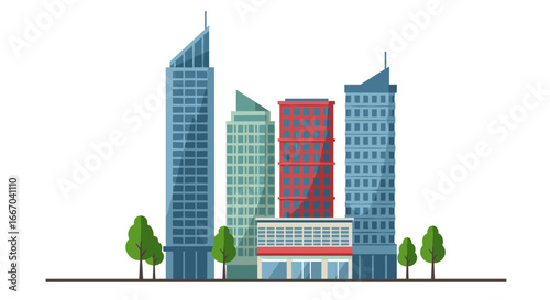 Modern urban skyline with skyscrapers and trees in flat design