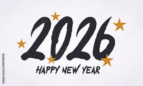 2026 Happy New Year Black Gold Stars Greeting Graphic