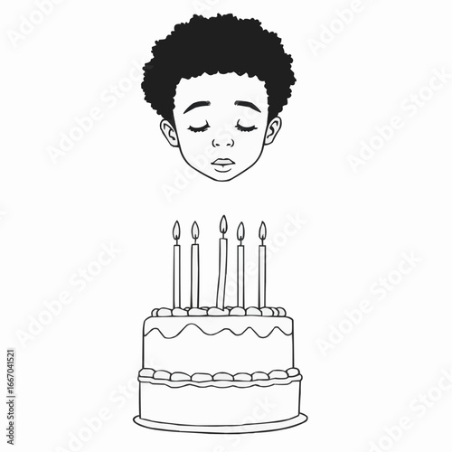 A drawing of a black boy making a wish.  
