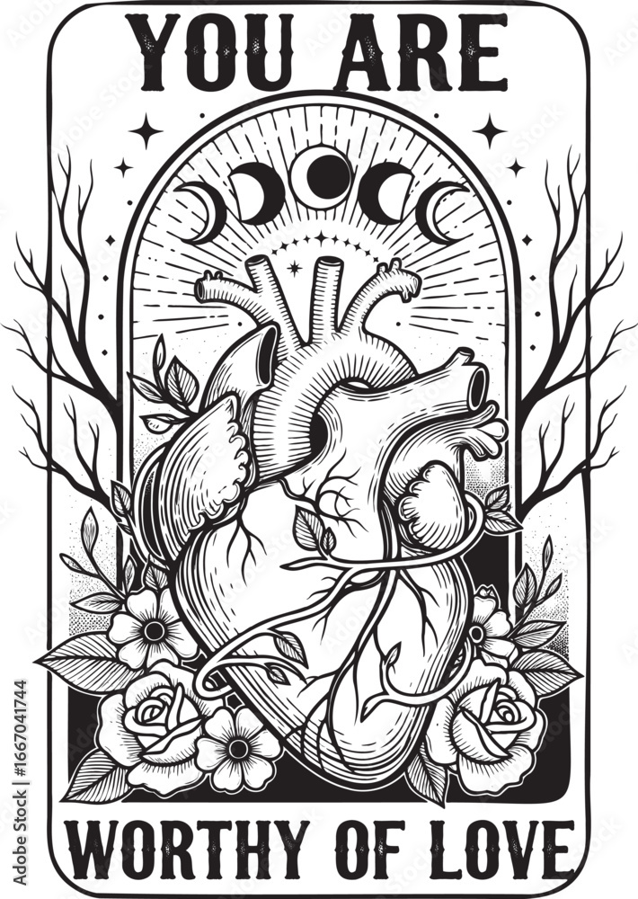 Obraz premium You Are Worthy of Love Anatomical Heart with Roses and Celestial Moons Vector Art