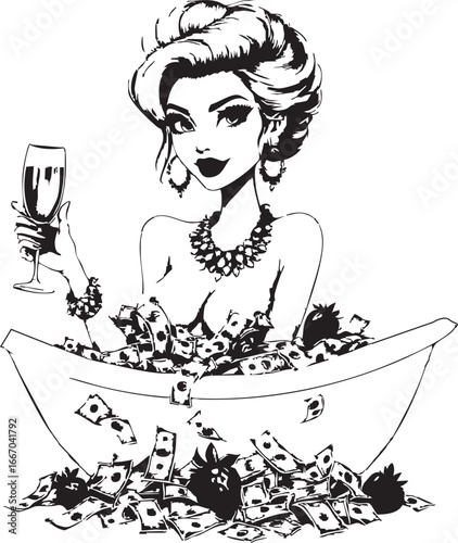 Elegant woman in a bathtub filled with money and strawberries, symbolizing luxury, wealth, and financial success.


