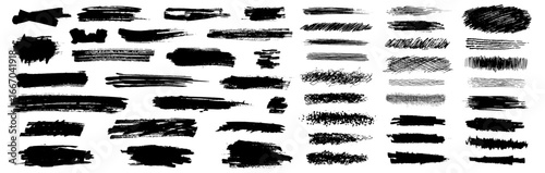 Collection of black paint brushstrokes, charcoal, liner and other strokes. Ink splashes, grunge blocks for text, banner, advertising