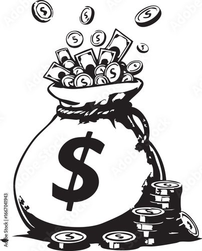 Financial success illustration of a money bag with coins and banknotes falling, symbolizing prosperity and wealth accumulation.

