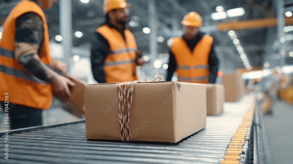 Fototapeta premium Medium shot of a parcel wrapped in protective wrap resting on a conveyor with blurred workers sorting packages behind.