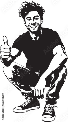 Black and white vector illustration of a happy young man squatting and giving a thumbs up, in a confident pose.

