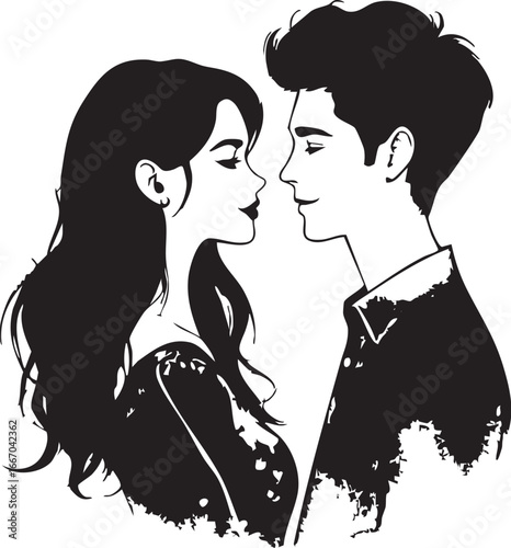 Black and white vector illustration of a young, romantic couple looking at each other, in a close-up profile view.


