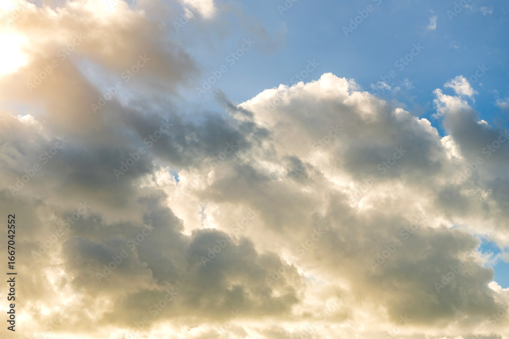 Fototapeta premium Sky with clouds. Cloudy skyscape background. Cloudscape sky background. Cloud in the sky. Background with cloud. Gloomy sky with overcast clouds. Skyscape and cloudscape