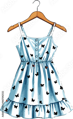Watercolor illustration of a blue summer dress with a butterfly print, hanging on a wooden hanger.

