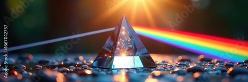 Crystal prism refracting sunlight, vibrant rainbow arc, wonder, close-up