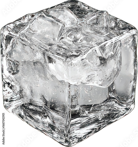 Single Clear Ice Cube with Crushed Ice Texture on White Background frozen water