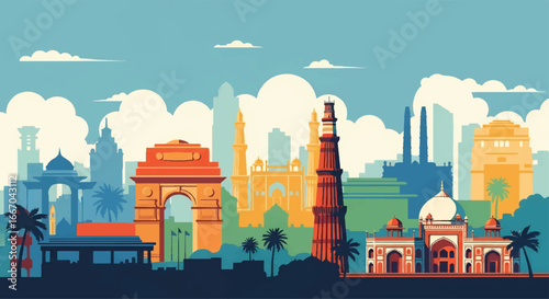 Colorful vector illustration of Delhi skyline with India Gate, Qutub Minar, Mughal architecture, and historic monuments, perfect for travel posters, tourism promotions, and Indian city design projects