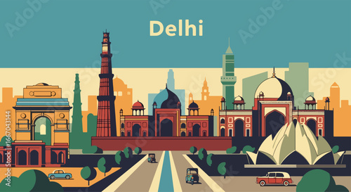 Colorful vector illustration of Delhi skyline with India Gate, Qutub Minar, Mughal architecture, and historic monuments, perfect for travel posters, tourism promotions, and Indian city design projects