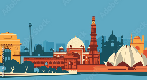 Colorful vector illustration of Delhi skyline with India Gate, Qutub Minar, Mughal architecture, and historic monuments, perfect for travel posters, tourism promotions, and Indian city design projects