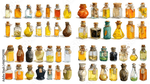 Collection of hand-drawn vintage potion bottles in various shapes and colors, perfect for fantasy design, apothecary themes, or magical illustrations.