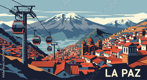 Colorful vector illustration of La Paz with cable cars, historic architecture, hillside houses, and snow-capped mountains, perfect for travel posters, tourism campaigns, and Bolivian destination