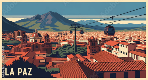 Colorful vector illustration of La Paz with cable cars, historic architecture, hillside houses, and snow-capped mountains, perfect for travel posters, tourism campaigns, and Bolivian destination