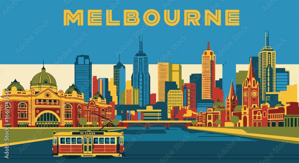 Fototapeta premium Colorful vector illustration of Melbourne skyline with Flinders Street Station, modern skyscrapers, riverfront, and tram, perfect for travel posters, tourism campaigns, and Australian city design