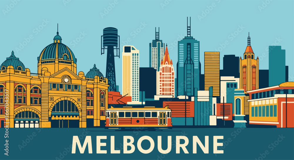 Obraz premium Colorful vector illustration of Melbourne skyline with Flinders Street Station, modern skyscrapers, riverfront, and tram, perfect for travel posters, tourism campaigns, and Australian city design